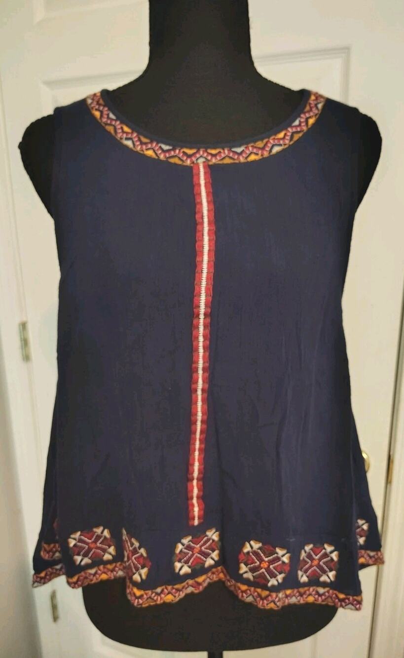 C'isa Boho Embroidered Sleeveless Top M Navy Blue Gauze Crinkle Rayon Blouse